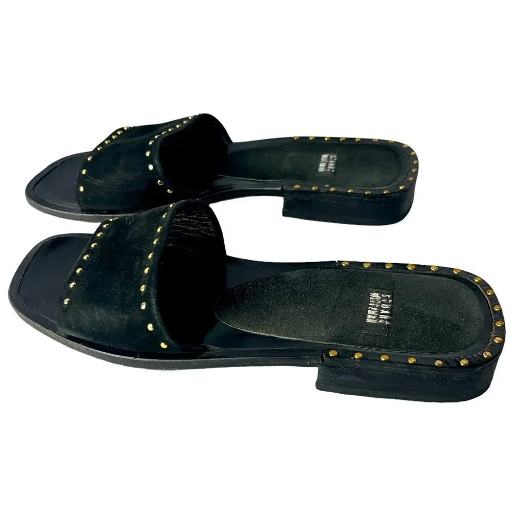 Stuart Weitzman Gorgeous Black Suede Slides Embellished in Gold Grommets Sz 5